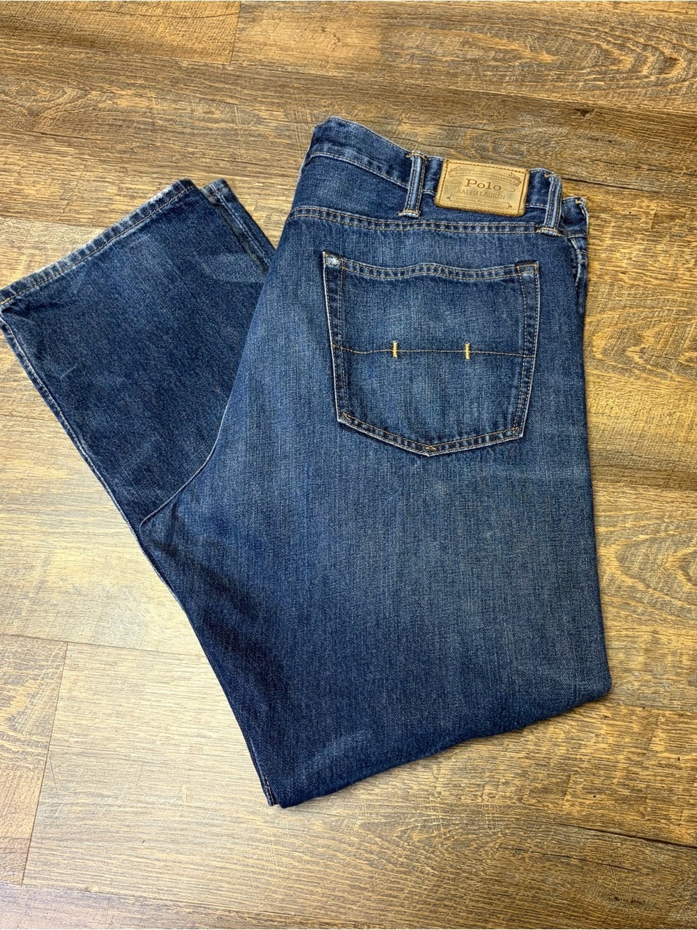 Polo Ralph Lauren Hampton Straight Jeans Men 38x30 Blue Denim Whiskered Distress
